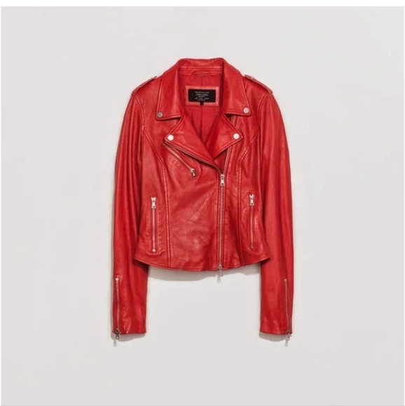 ZARA TRAFALUC Red Moto faux leather jacket. Size XL - Picture 3 of 16
